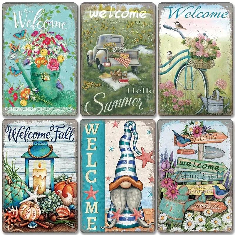 D Flat Metal Sign Vintage Welcome Garden Tin Sign Set Rustic Home Decor Butterfly Flower Watering Can Wall Art