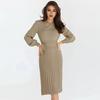 Autumn Lady Dress Knitted Round Neck Long Sleeves Slim Fit Pleated Lace-up Tight Waist Mid-calf Length