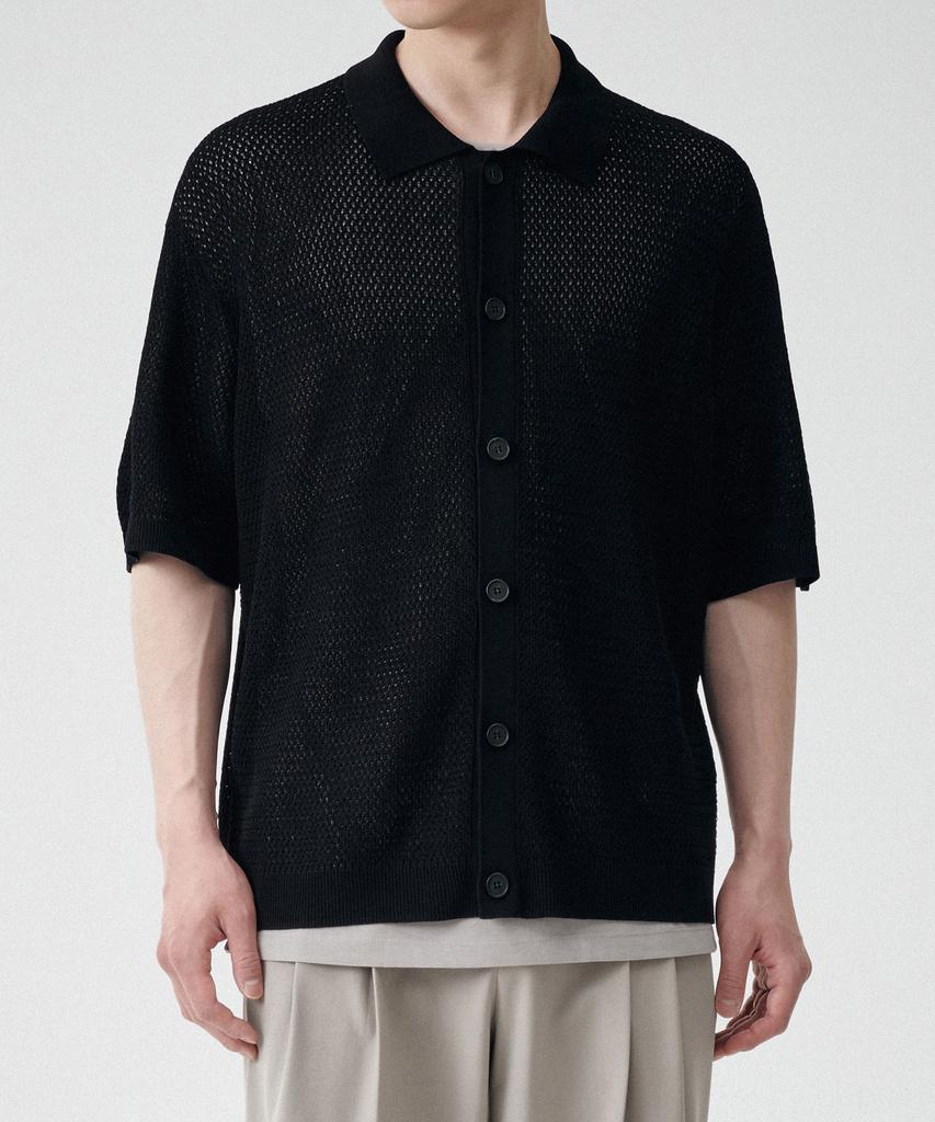 Musinsa Standard Crochet Collared Short Sleeve Cardigan [Black]
