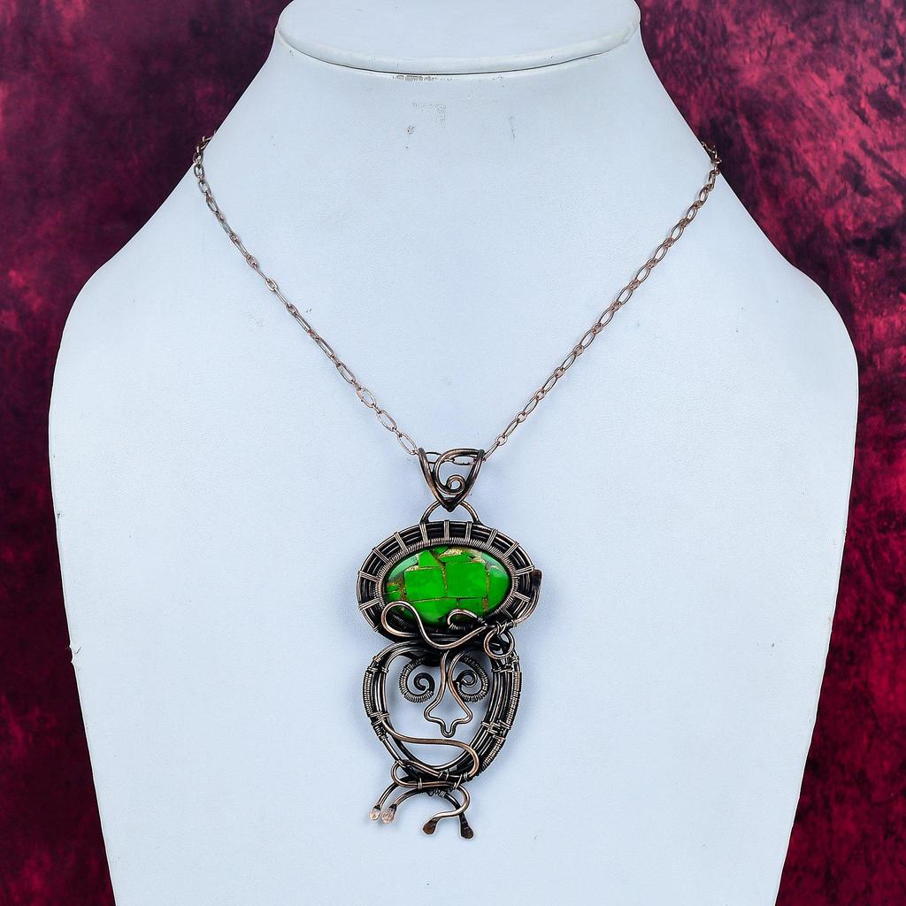 Copper Green Turquoise Pendant Copper Wire Wrapped Jewelry Real Gemstone Pendant
