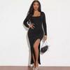 Women's Fall New Style Square Collar Long-length Sleeve Solid Color Slit Sexy Slim Dress