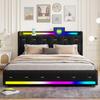 Cadru de pat din catifea cu spațiu de depozitare Lift Iluminare LED RGB Pat cu audio Bluetooth Încărcător wireless Port USB C