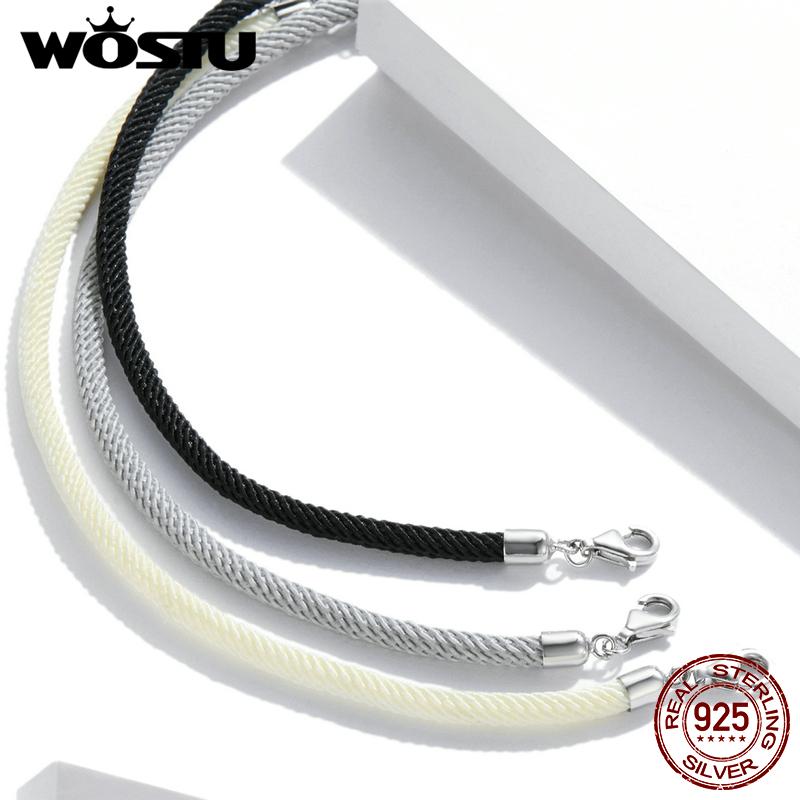WOSTU 100% Real 925 Silver Red Black Gray White Rope Bracelet Classic Lucky Bangle Fit Beads Charms DIY Jewelry Making