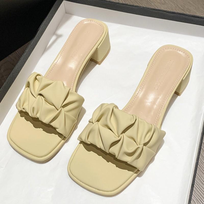 Fashion Womens Plus Size Square Toe Crinkle Strappy Slides Korean Summer 2025 Slip-On Sandals Comfortable Outdoor Casual Lazy Slippers