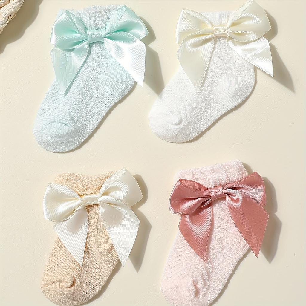 Four Pairs of Summer Baby Socks Mesh Tube Socks Girls Bow Decorated Socks