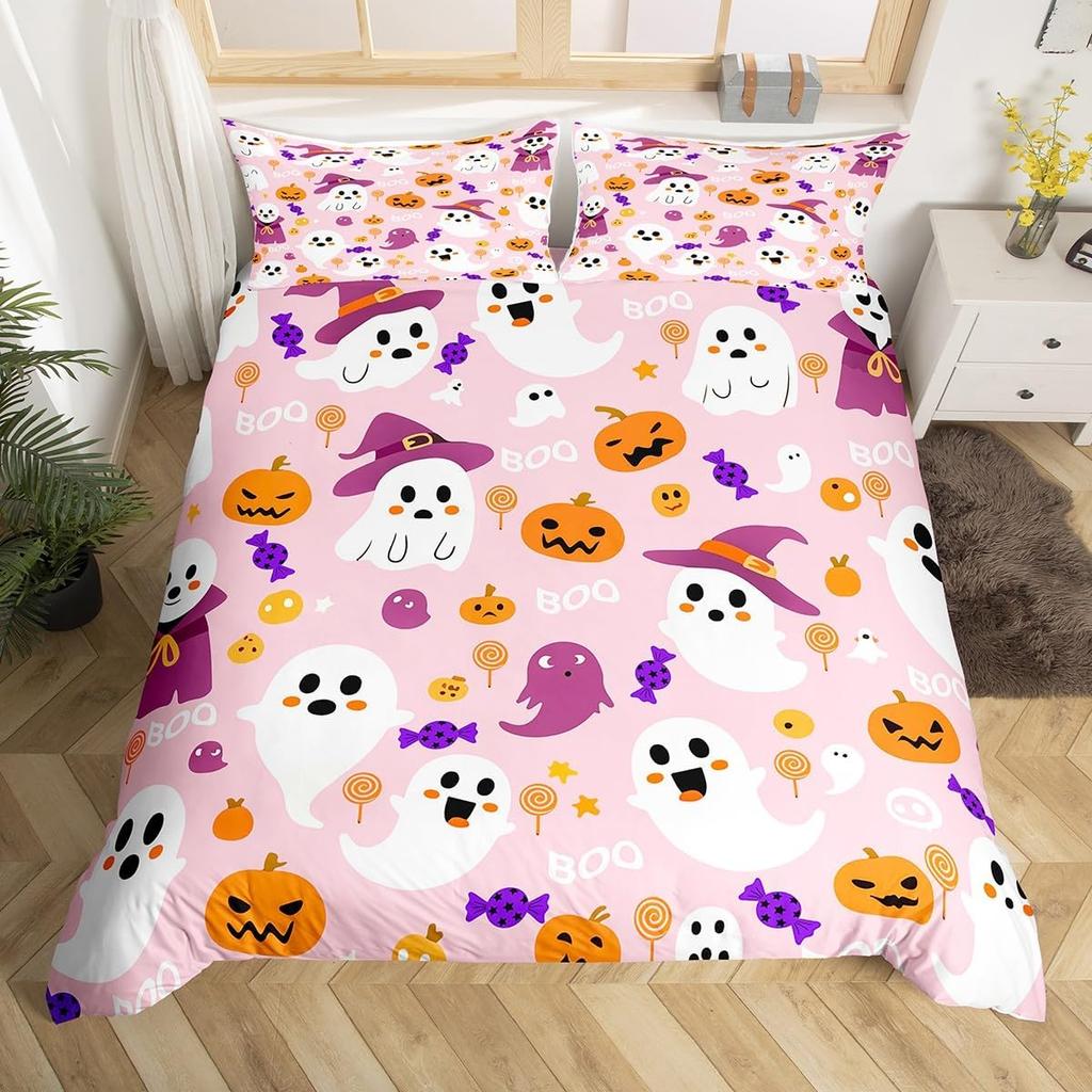 Halloween Ghost Duvet Cover Kawaii Cartoon Ghost Bedding Set Twin Queen For Boys Girl Room Decor Happy Halloween Comforter Cover