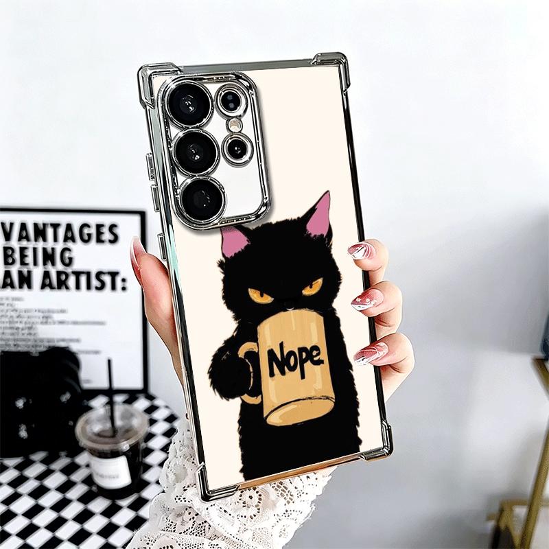 Black Cat Cartoon Cute Plating Phone Case For Samsung Galaxy S24 S25 FE S26 Edge S23 Ultra S22 S21 Plus S20 Anti-Fall Airabag Co