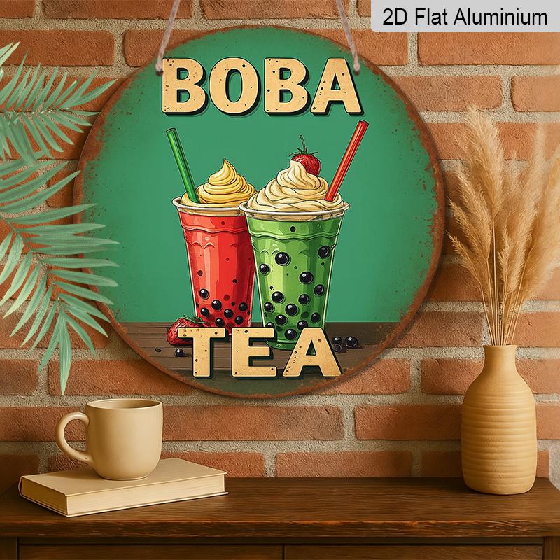 2D Flat - A Vintage Aluminum Sign About 'BOBA TEA', Retro Bubble Tea Cup Design with Strawberry & Cream Topping Measuring 7.87 Inches, Suitable for