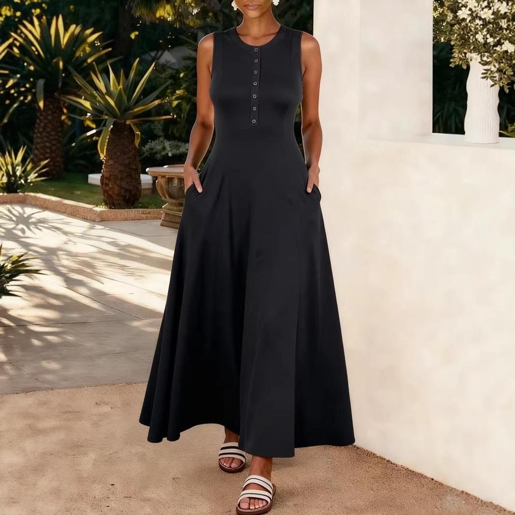 2026 Summer Casual Sweet Loose Sleeveless Round Neck Long Dress for Europe and America