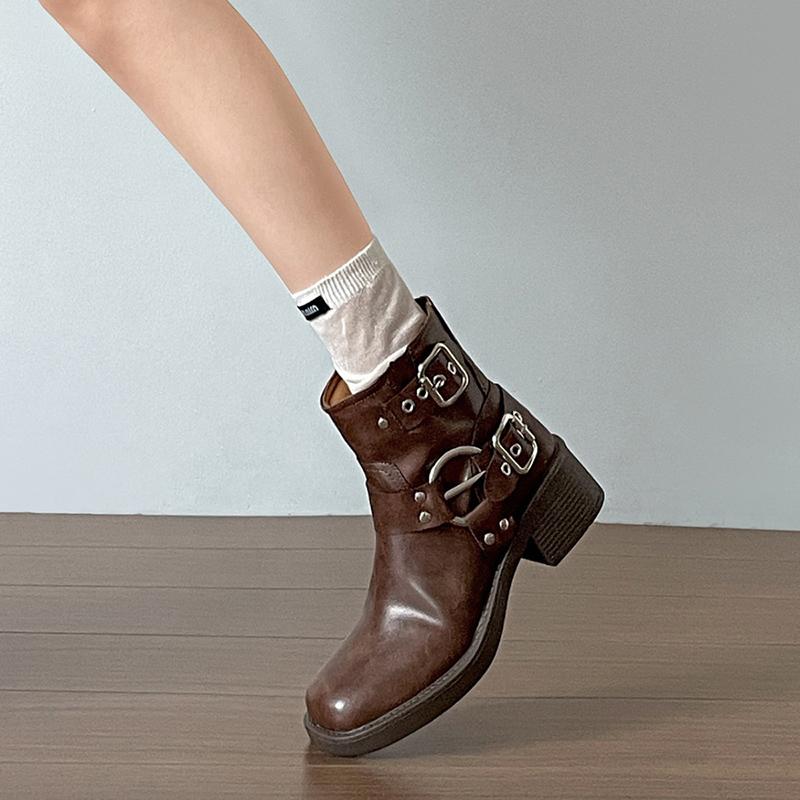 Vintage Women Ankle Boots British Style Belt Buckle Shoes Autumn Winter Short Booties  De Mujer