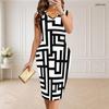 Women Plus Size V Neck Sleeveless Abstract Printed Bodycon Midi Dress