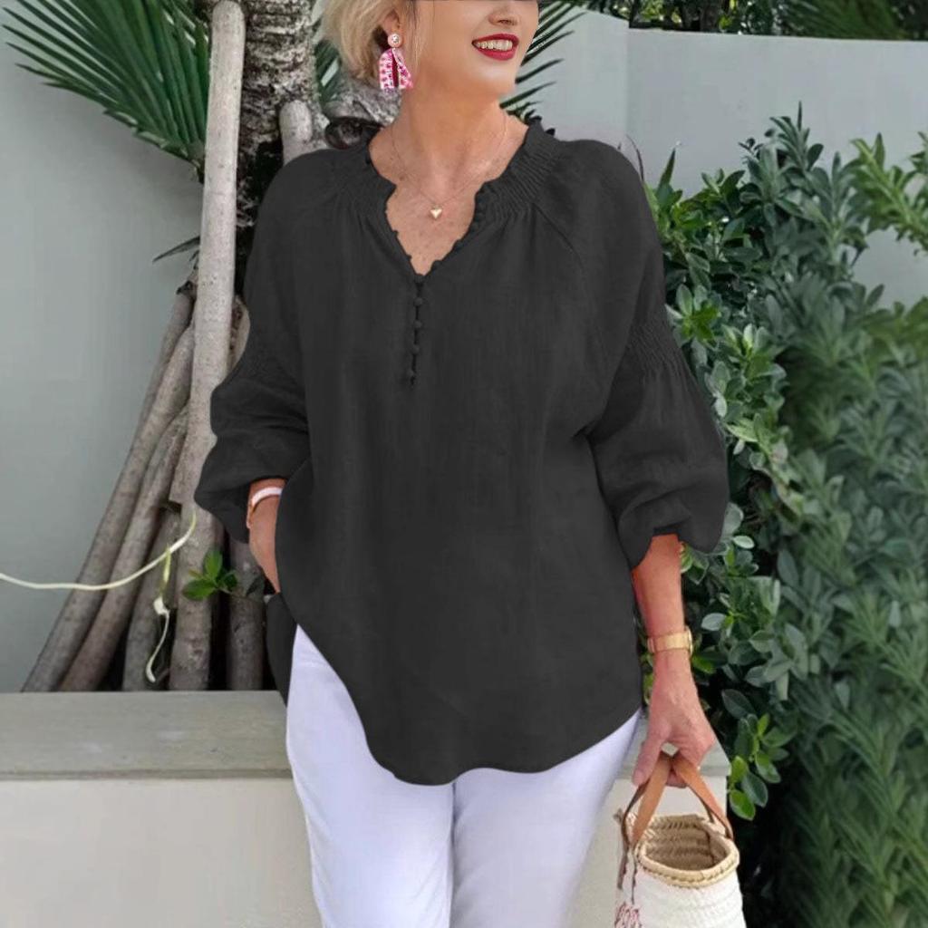 2025 Vår/Sommar Dam V-ringad Bomull Linne Långärmad Ledig Topp