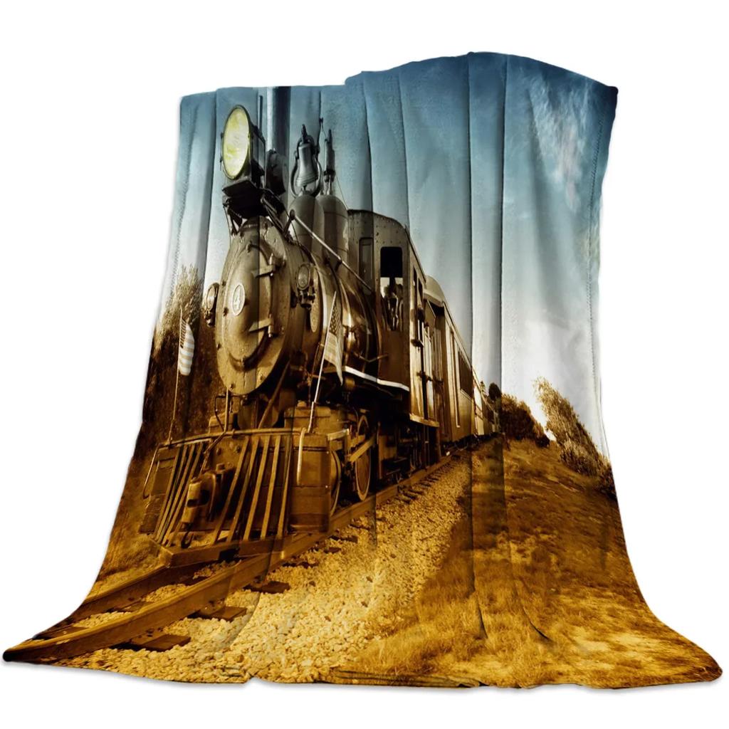 Flannel Blankets The Steam Age Of Old Trains Blanket Cushion Warm Throws on Sofa Bed Home Bedspread Travel Fleece Blanket Queen