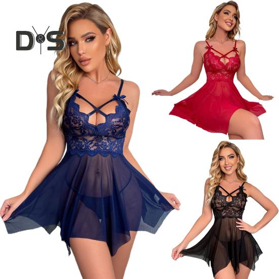 1 Set Playsuit Panties Set See-through Mesh Low-cut Lace Bow Backless Sleeveless A-line Hollow Out Soft Pornographic Thin Elastic High Waist