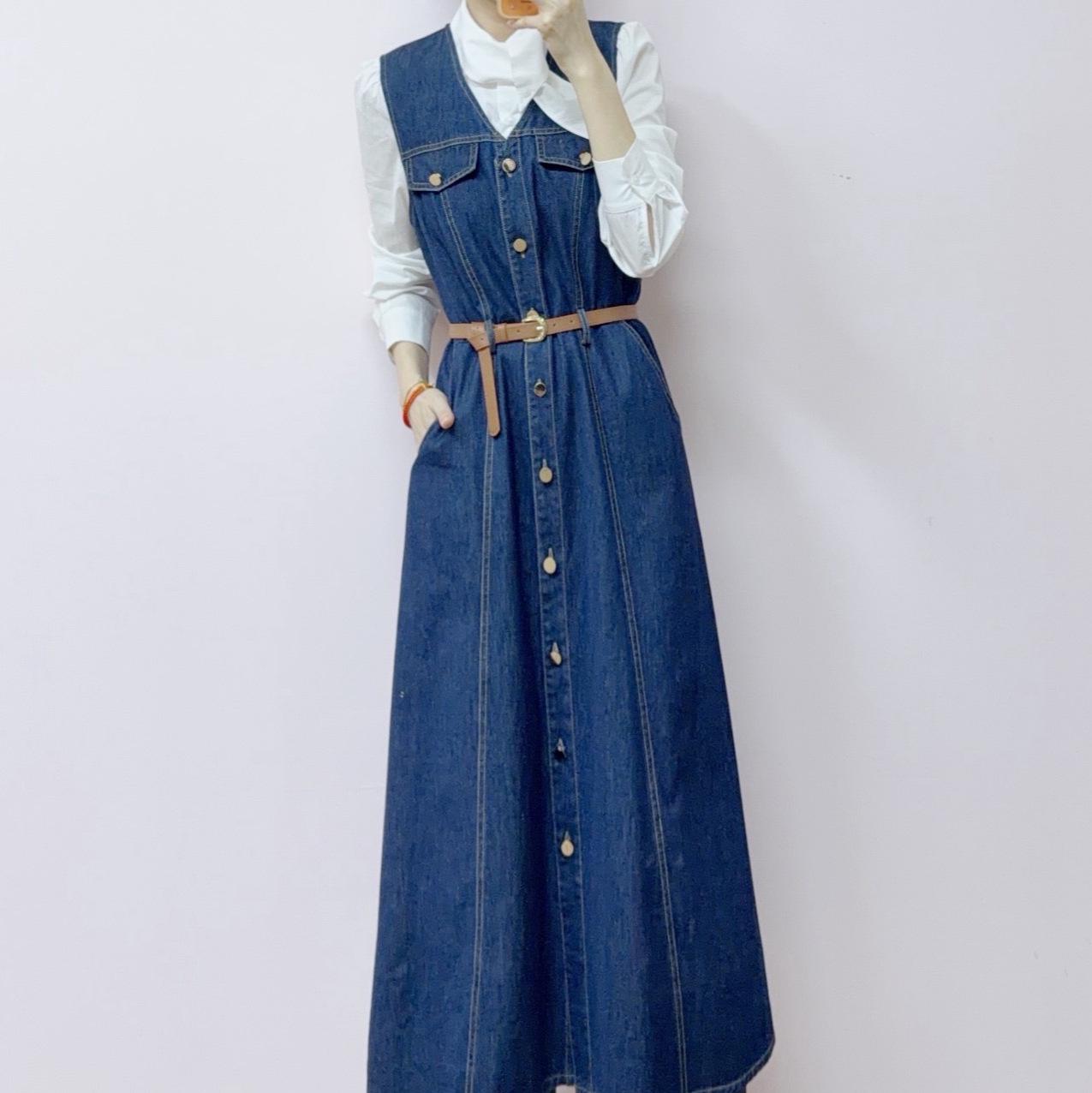 

Spring 2026 Fashion: Solid Shirt & Denim Sleeveless Dress Set M (90-115 jin) джинсовый синий