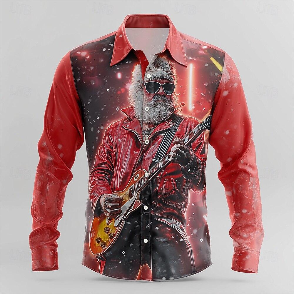 Christmas Men's Santa Claus Rock Guitar Shirt Button Up Shirt Long Sleeve Funny Christmas Gifts Spring 3D Print Collared Shirts