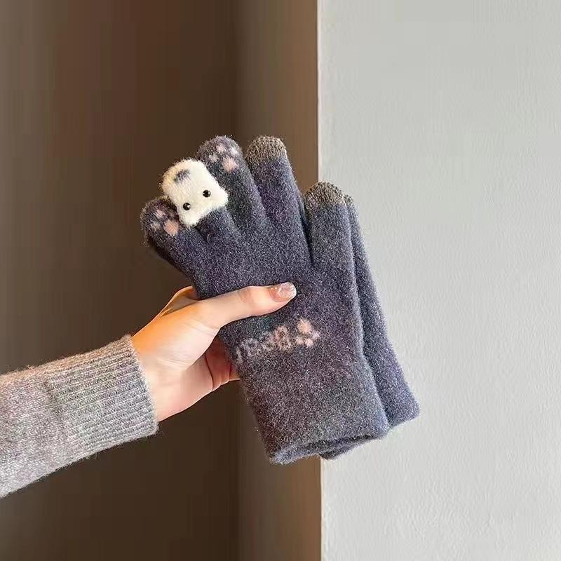 Gloves winter female cute velvet warm cold touch screen soft girl cycling student five fingers riding autumn and winter