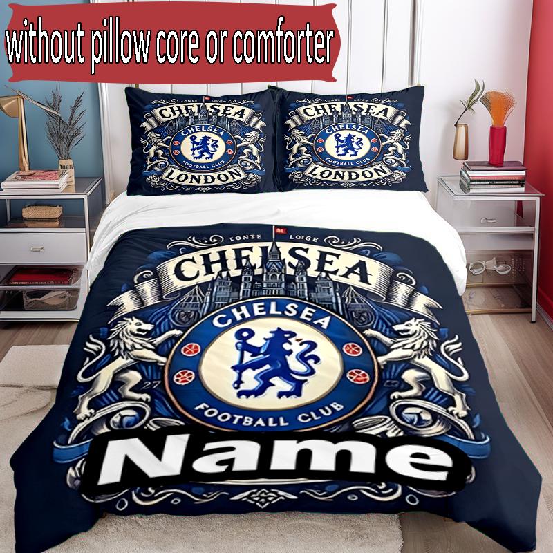 3pcs Duvet Cover Set (1*Duvet Cover + 2*Pillowcase, Without Core), Custom Name Chelsea F.C Pattern Bedding Set, Home Bedroom Decor Gift