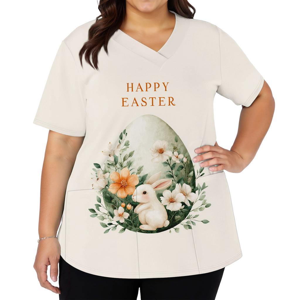 Women's Fashionable V-neck Short-sleeved Work Top With Double Side Slits And Pockets, Featuring Easter Bunny And Egg Prints.