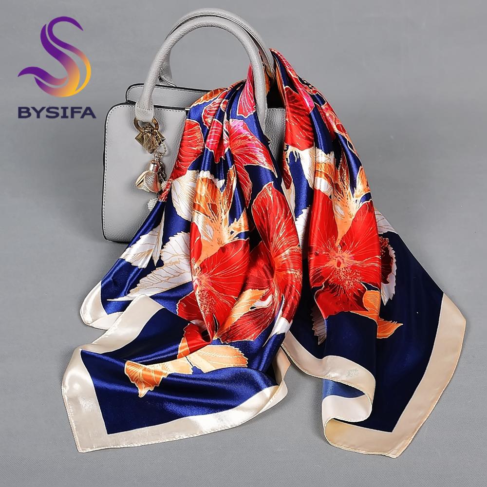 BYSIFA| Blue Floral Silk Scarf Hijab Ladies Fashion Sweet Square Spring Summer Scarves Fouldard Fall Winter Square Satin Scarves