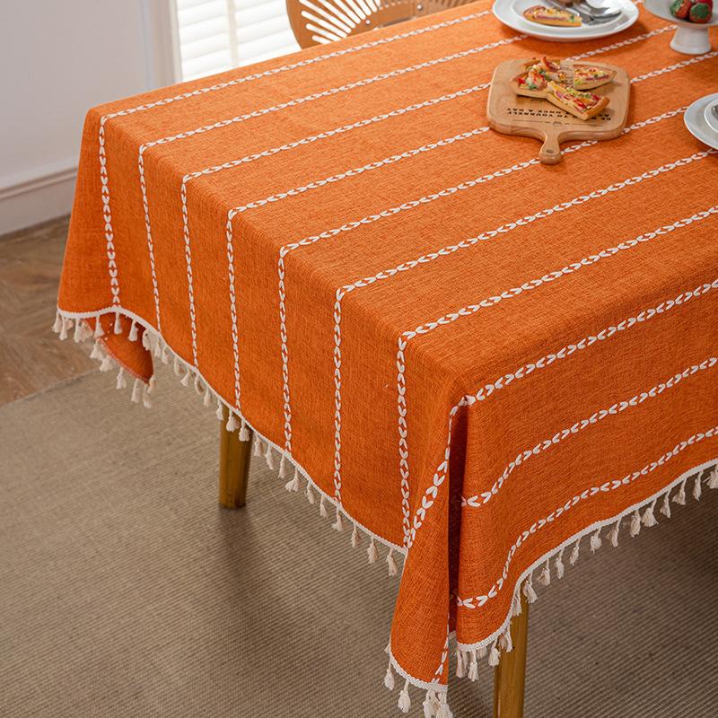 Embroidered Striped Linen Rectangular Tablecloth with Lace and Fringe Tea Table Cover Fresh Style 90*90cm
