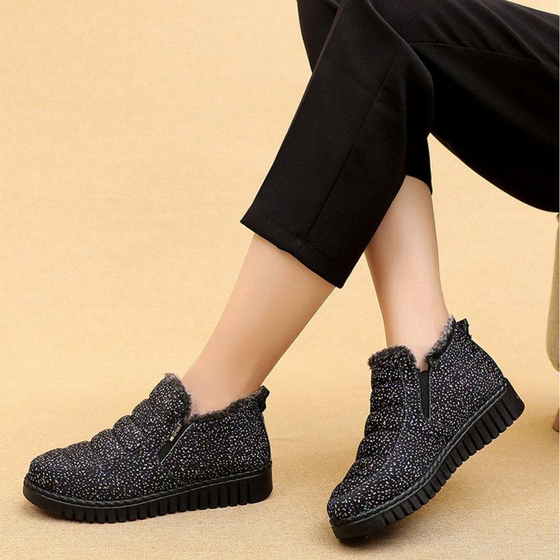 Winterschuhe Frau Flache Baumwolle Schneestiefel Damen Warme Plüsch Samt Bequeme Stiefeletten Mutterschuhe Omas Baumwollstiefel