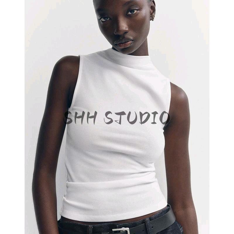 Spring New Women's Clothing Casual Stand Collar Cotton and Modal Blended T-shirt Sleeveless Tops 3641842