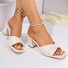 Elegant Ladies Solid Beige Cross Strap Sandals Summer 2025 Square Toe High Heels Slides Women Pu Leather Plus Size Mules Slipper
