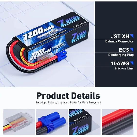 Zeee Lipo 3S 7200mAh RC Car 11.1V 80C Hardcase with EC5 Plug for RC Vehicles Truck Tank Train Lipo Battery RC Hobby Model Parts