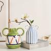 Hand-Painted Ceramic Vase with Dual Handles - Striped, Cylinder Design for Living Room Decor, Earthenware, Decorative Ornaments