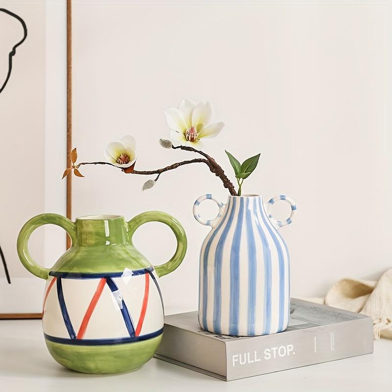 Hand-Painted Ceramic Vase with Dual Handles - Striped, Cylinder Design for Living Room Decor, Earthenware, Decorative Ornaments