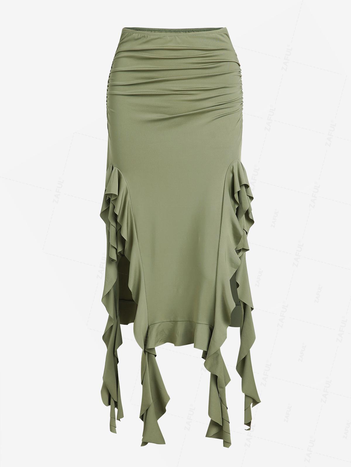 

ZAFUL Ruched Ruffle Slit Asymmetric Skirt S светло-зеленый