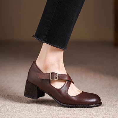 Mode Mode Runde Zehen Hohe Absätze 2025 Frühling Sommer Pumps Echtes Leder Schnallen Mary Jane Party Hochzeitsschuhe Frau Damen Absätze