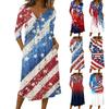 Women 34 Sleeve Button Neck Printed Midi Dress with Star and Stripe Pattern Casual Loose Fit Design for Daily Wear