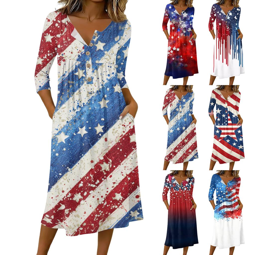 Women Casual 3/4 Sleeve Button Front Mid-Length Dress with Patriotic Star and Stripe Print for Daily Wear and Special Occasions