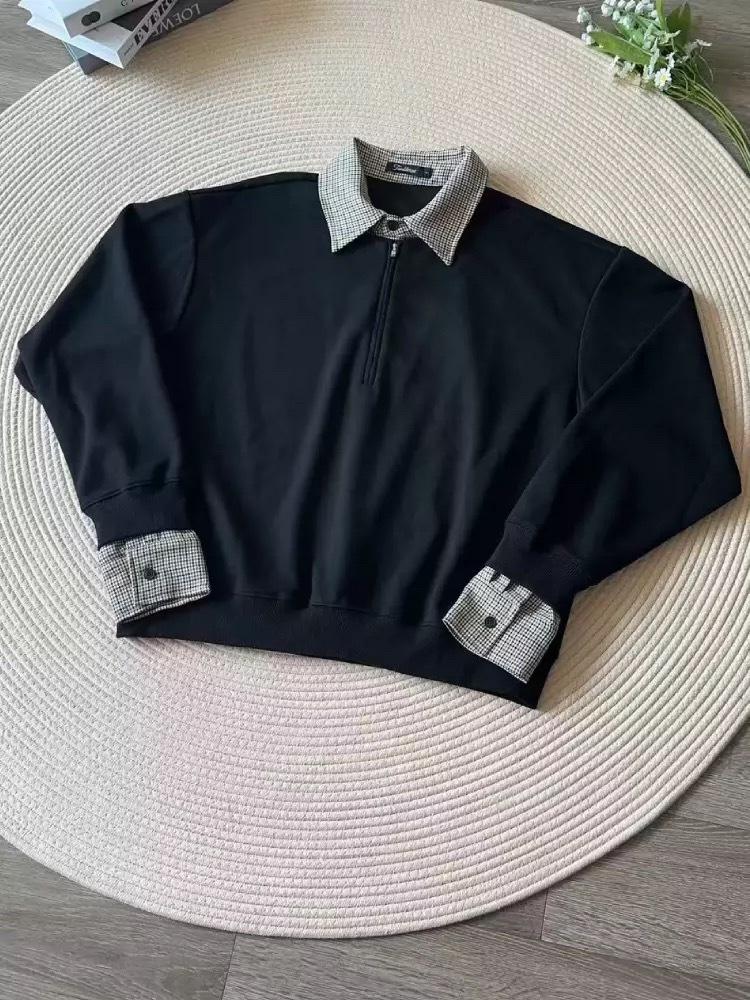 Men s Houndstooth Patchwork Polo Collar Sweatshirt, Half-Zip, Loose Fit, Pure Cotton, Autumn Lapel Top 2XL чёрный