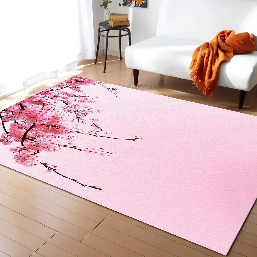 Pink Cherry Blossom Rug Romantic Floral Spring Carpet Non Slip Floor Mat for Girl's Bedroom, Bedside Living Room