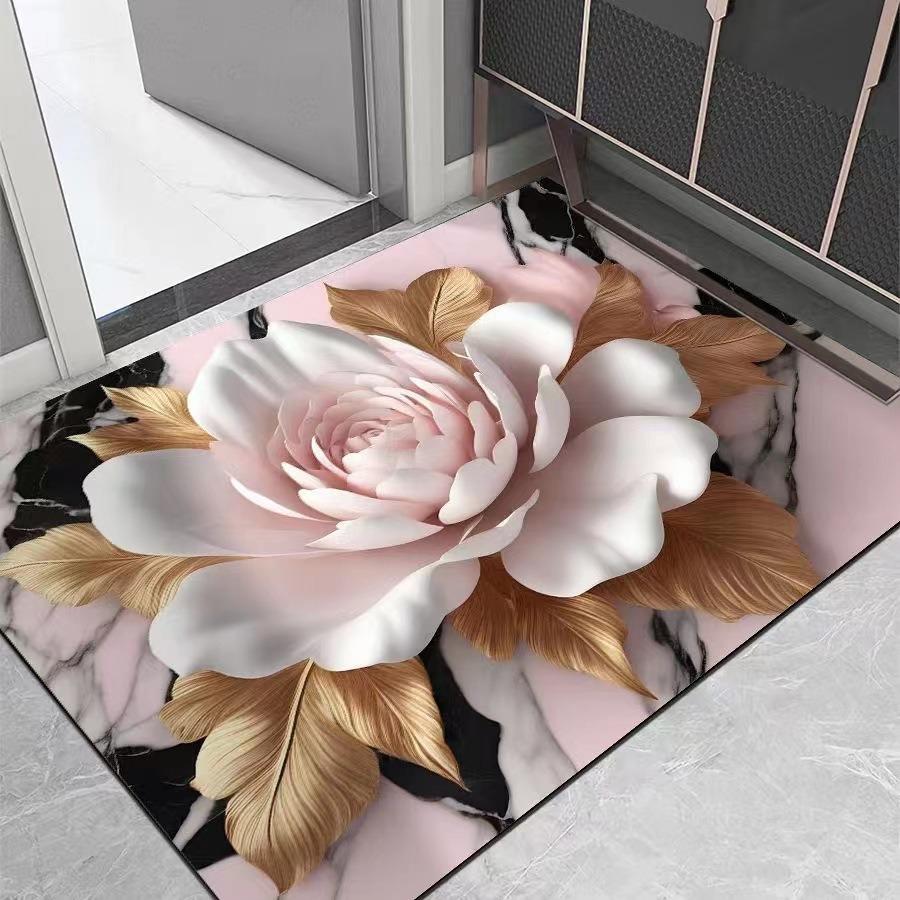 Luxury European 2D Gold Blue Floral Doormat, Marble Print Non-Slip Entryway Rug, Elegant Home Decor Door Mat Kitchen Rug