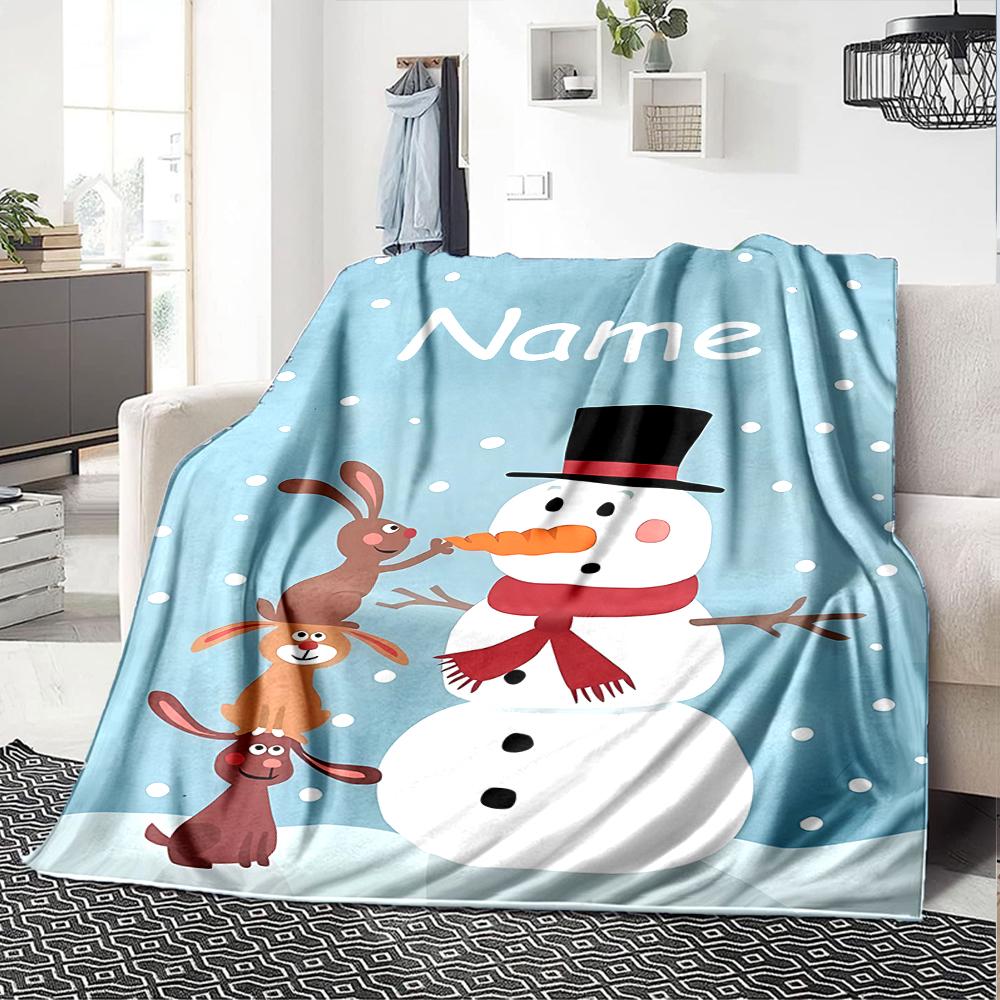 Custom Name Christmas Snowman Theme Printed Blanket - Perfect for Couch, Bed, Travel & Outdoor Use | Machine Washable, Cozy & Durable.