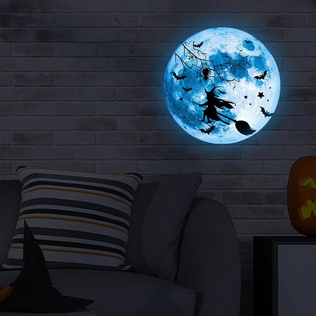 Halloween Wall Decor Moon Design Spooky Witch Wall Decor Glow-in-The-Dark Waterproof Decals Removable Scary For Haunted House