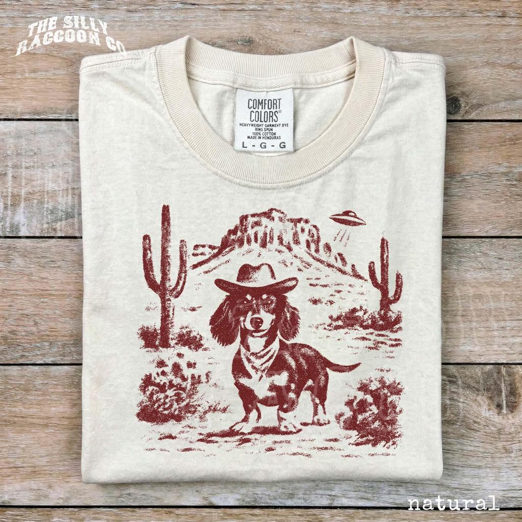 Cowboy Dachshund Shirt Western Doxie Gift For Wiener Dog Lover Vintage Desert UFO Graphic Comfort Colors Tee