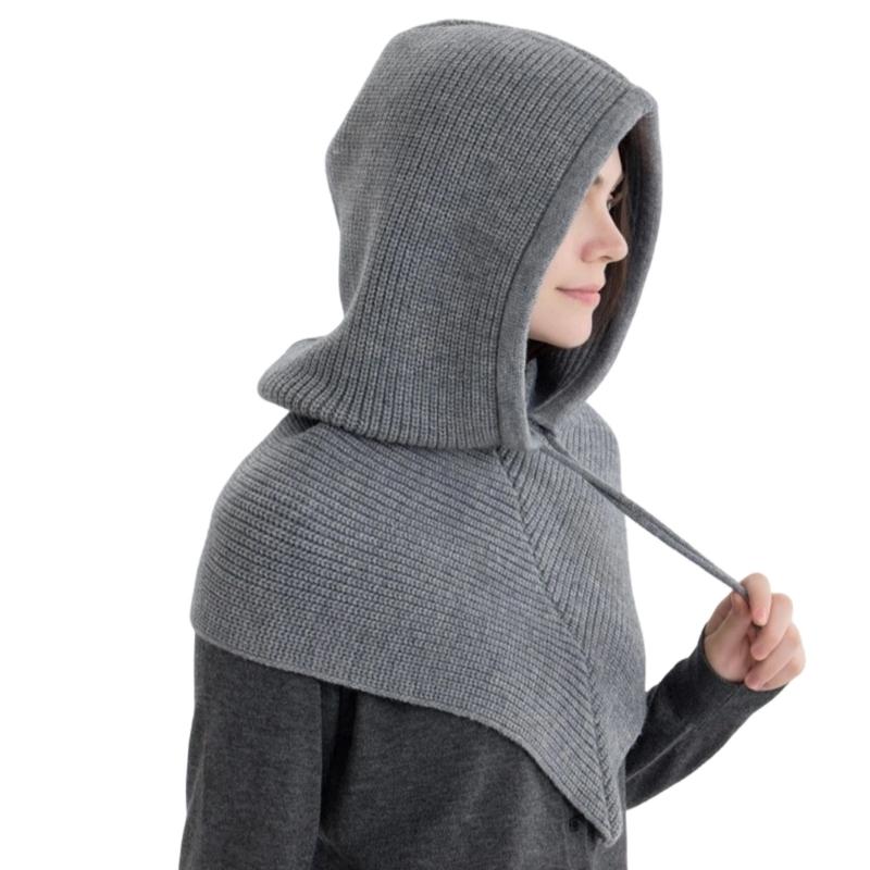 Thicken Knit Balaclava Knitted Shawl Drawstring Thicken Neck Warmer Knit Scarf for Cold Weather Insulated Hat