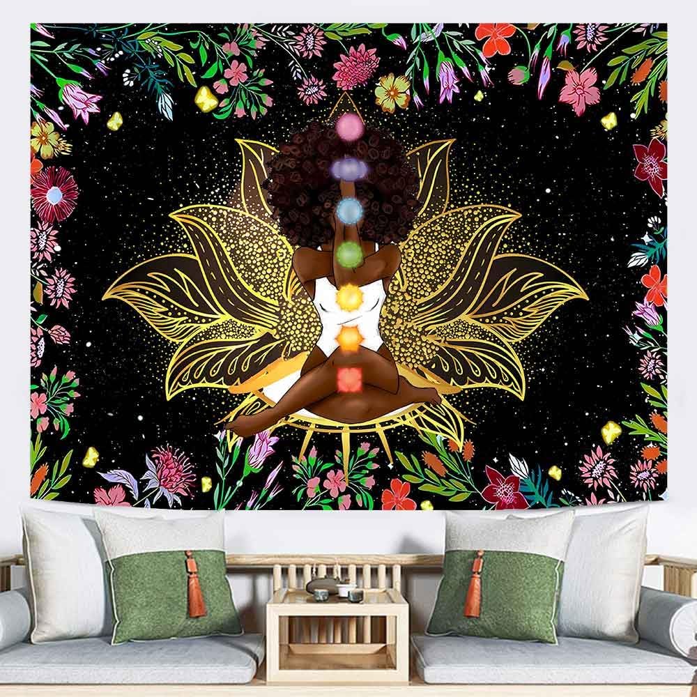 African Tapestry African American Woman Zen Meditation Tapestries Starry Sky Flower Garden Inspirational Afro Yoga Wall Poster