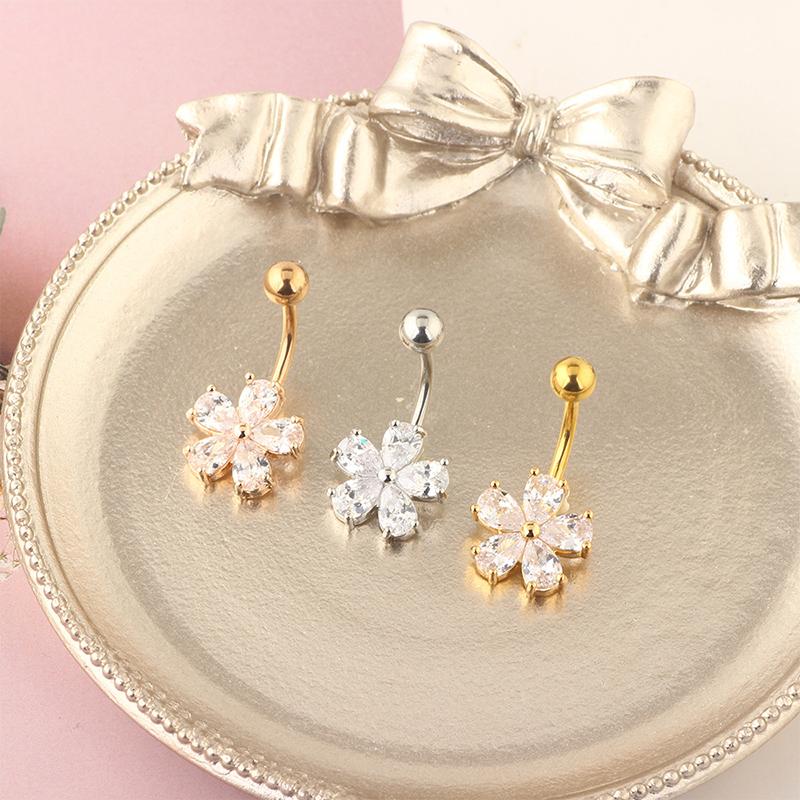 Exquisite Zircon Stainless Steel Body Jewelry Flower Belly Button Rings Dangling