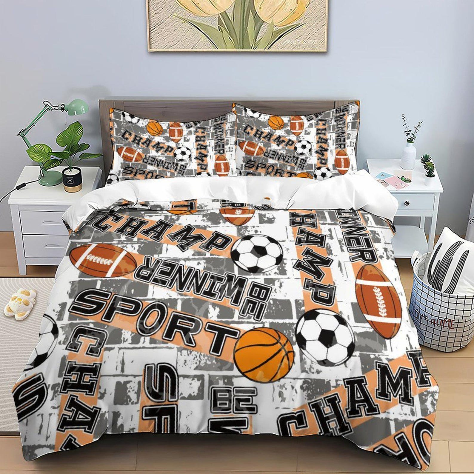 Champ Sports Duvet Cover, Personalized Sports Bedding Set, Soccer Basketball Softball, Sports Bed Set With Pillowcases Sports Boy Room Decor 220cm*240cm