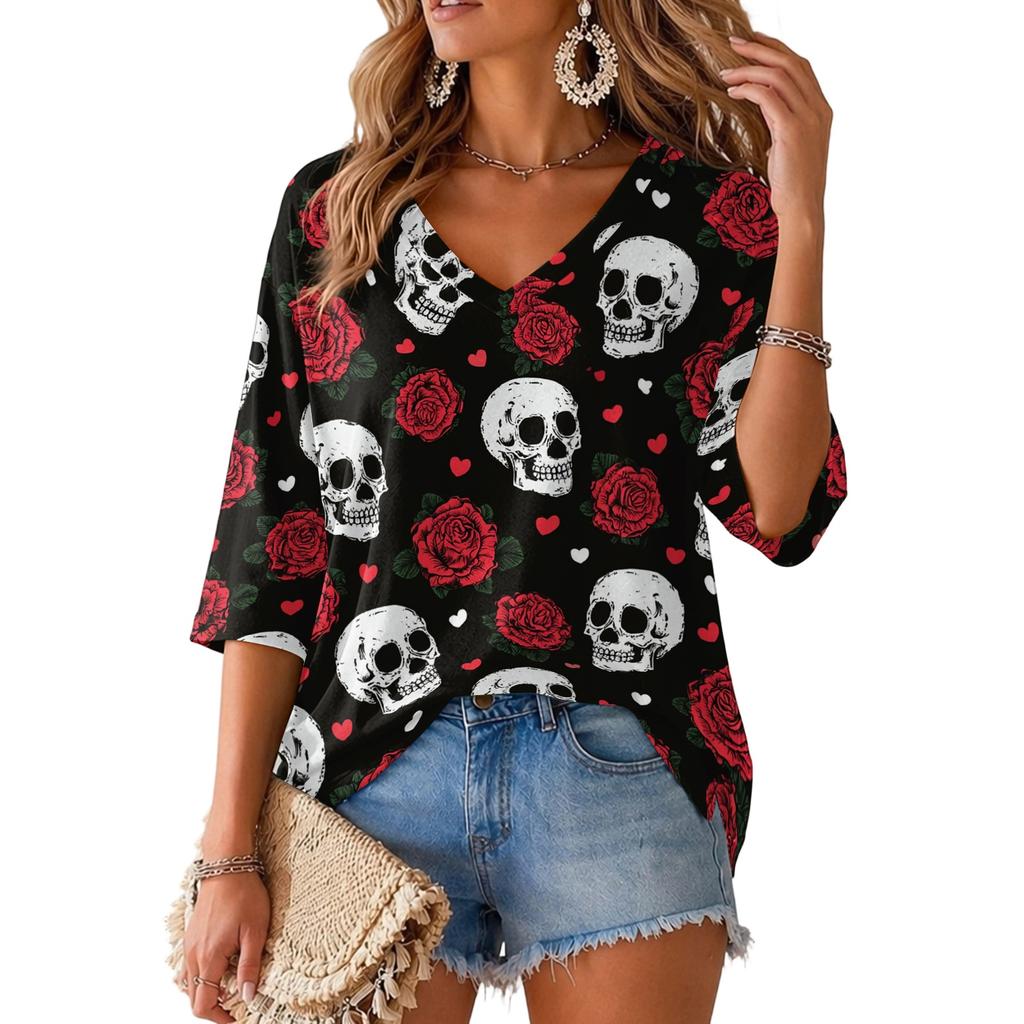 Women's V-Neck Halloween Print Lightweight Top for Spring and Summer