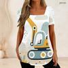 Women Plus Size Short Sleeve U Neck T Shirt Cartoon Excavator Dump Truck Construction Vehicle Print Top