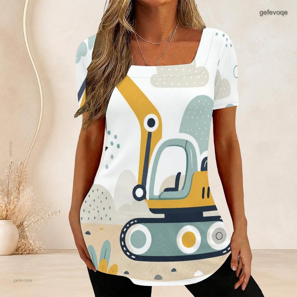 Women Plus Size Short Sleeve U Neck T Shirt Cartoon Excavator Dump Truck Construction Vehicle Print Top