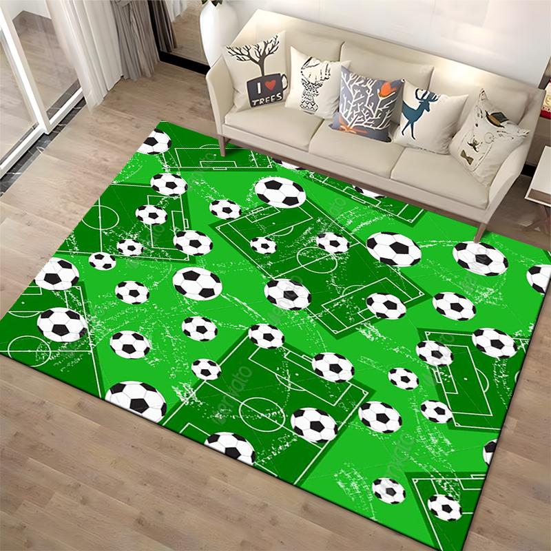 Green Soccer Field Carpet with Footballs and Sports Game Design Pattern Suitable for use as an anti-slip for living room bedroom sofas