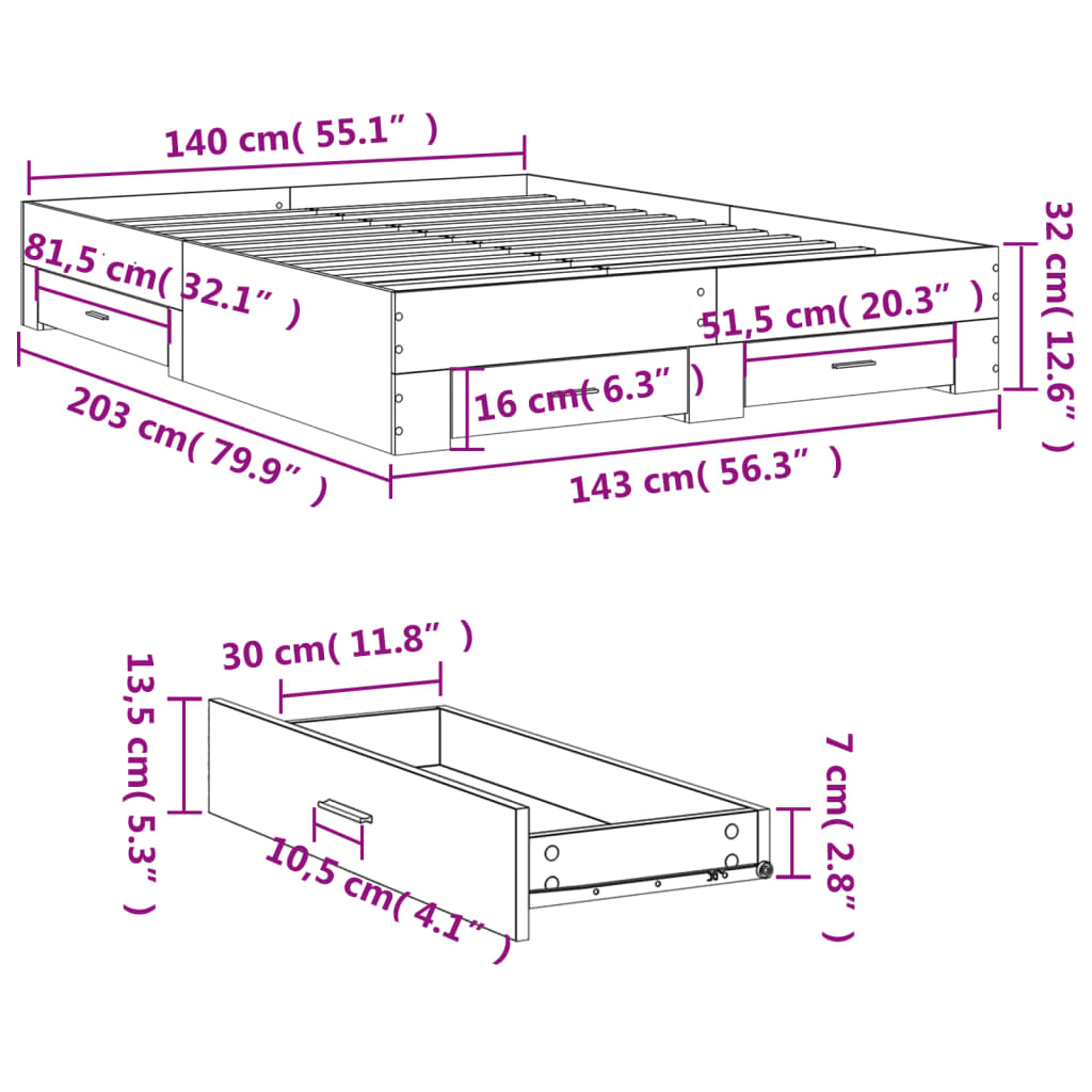 Grey Sonoma Bed Frame with Drawers 140x200 cm Engineered Wood